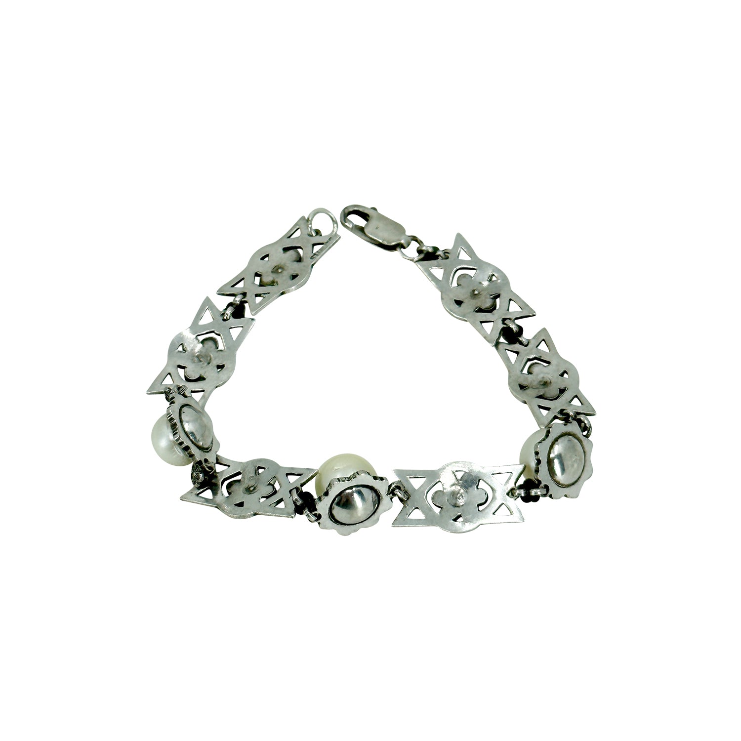 Art Deco Geometric Marcasite Japanese Saltwater Akoya Cultured Pearl Vintage Bracelet- Sterling Silver