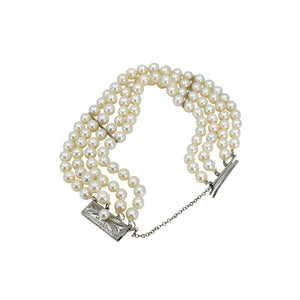 Vintage Mikimoto Four Strand Mid-Century Cultured Japanese Akoya Pearl Bracelet- Sterling Silver