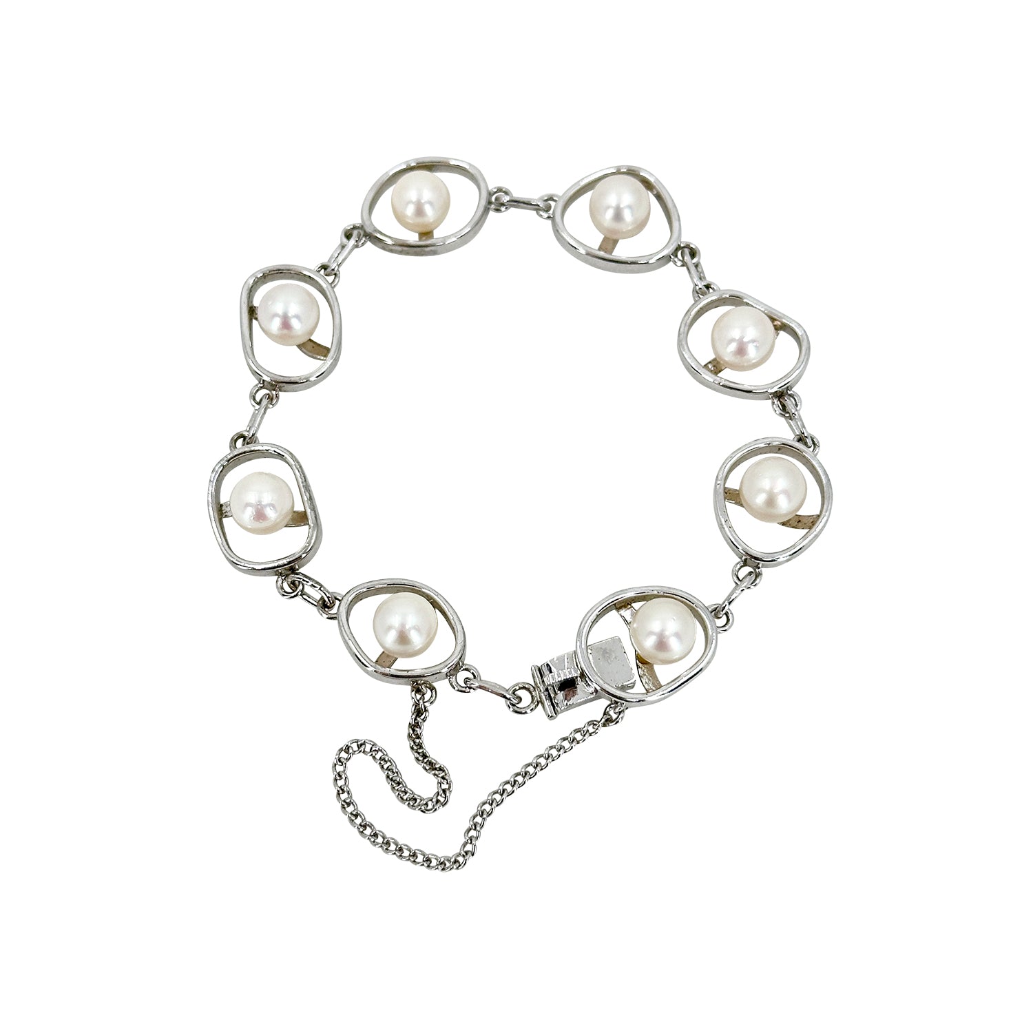 Modernist Abstract Japanese Saltwater Akoya Cultured Pearl Link Bracelet- Sterling Silver
