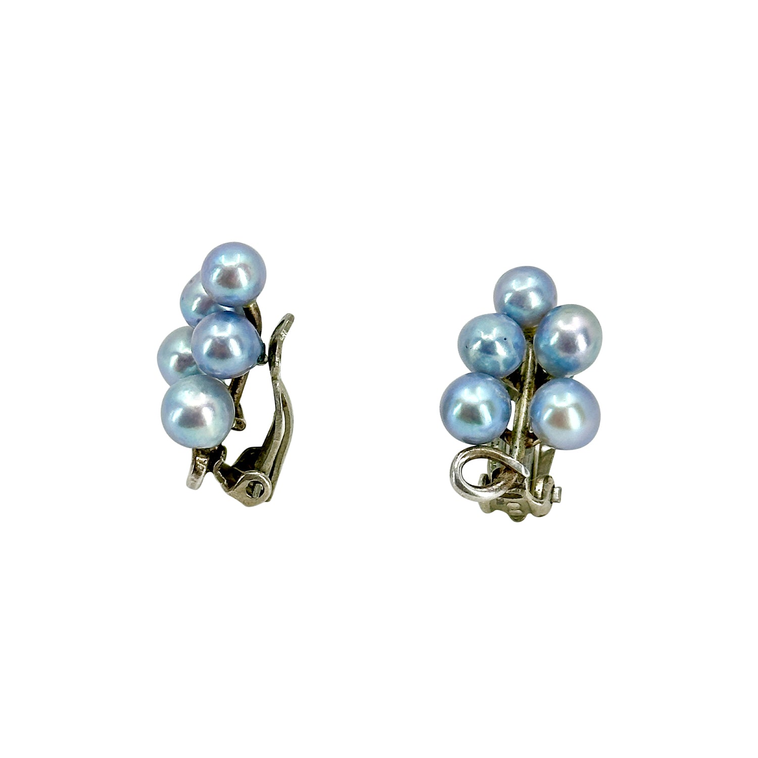 Bright Blue Japanese Akoya Saltwater Cultured Pearl Cluster Vintage Clip Earrings- Sterling Silver