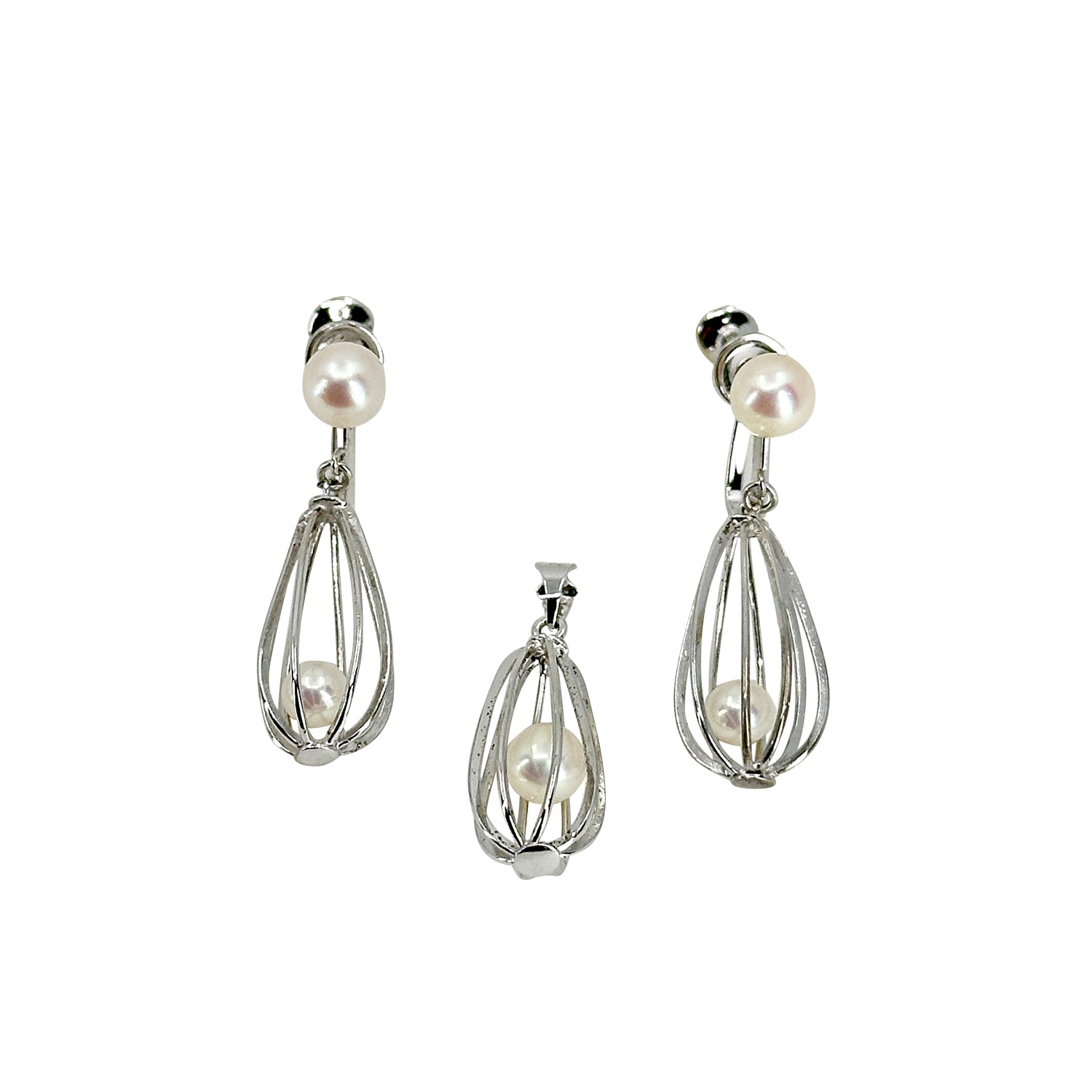 Vintage Akoya Saltwater Cultured Cadged Pearl Screwback Earrings Pendant Set- Sterling Silver