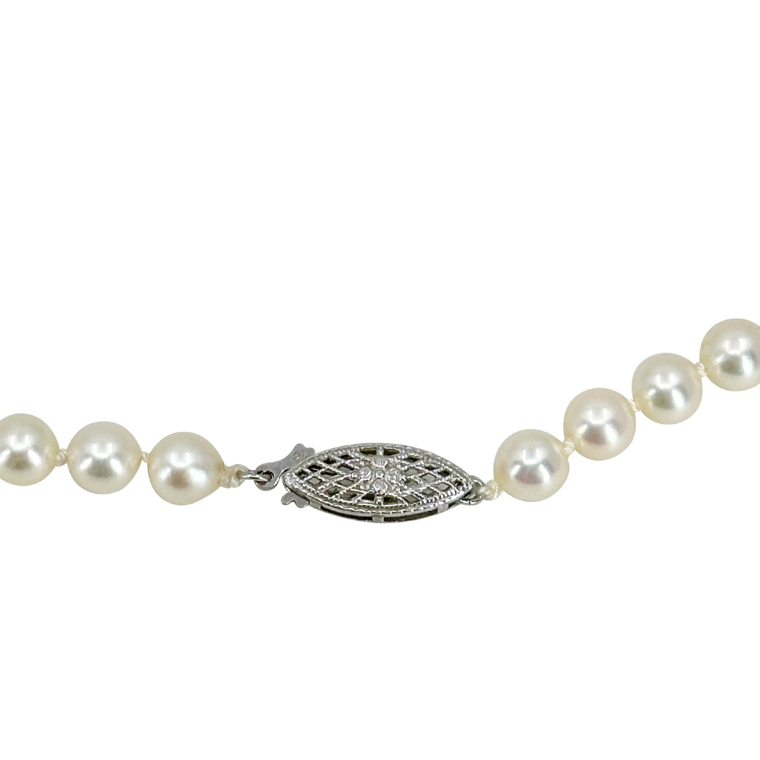 Mid-Century Filigree Japanese Saltwater Cultured Akoya Pearl Vintage Necklace Strand - 14K White Gold 16.75 Inch
