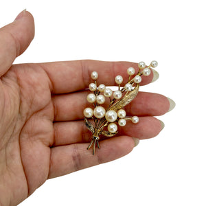 Engraved Branch Japanese Saltwater Akoya Cultured Pearl Vintage Brooch Pin- Sterling Silver Gold Plate