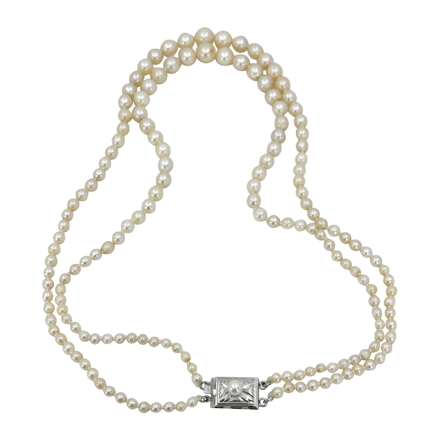 Mid Century Double Strand Graduated Japanese Saltwater Akoya Cultured Pearl Necklace -Sterling Silver 15.75 & 16.75 Inch
