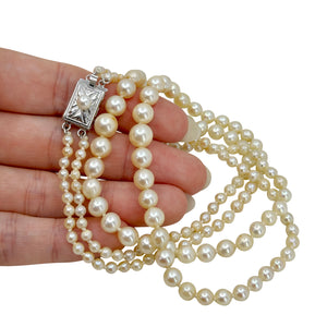 Mid Century Double Strand Graduated Japanese Saltwater Akoya Cultured Pearl Necklace -Sterling Silver 15.75 & 16.75 Inch