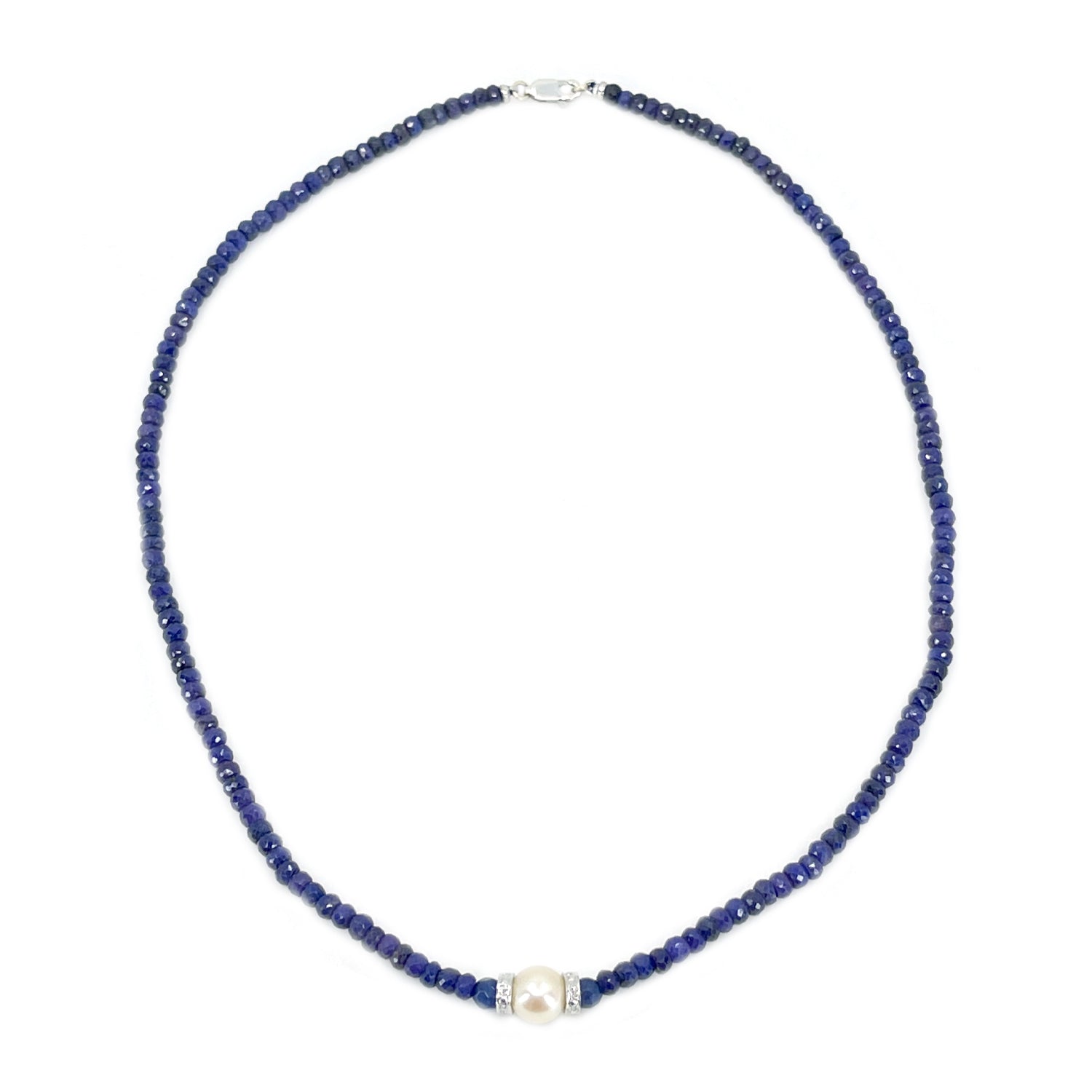 Retro Blue Sapphire Diamond Japanese Saltwater Cultured Akoya Pearl Strand - 14K White Gold 18 Inch