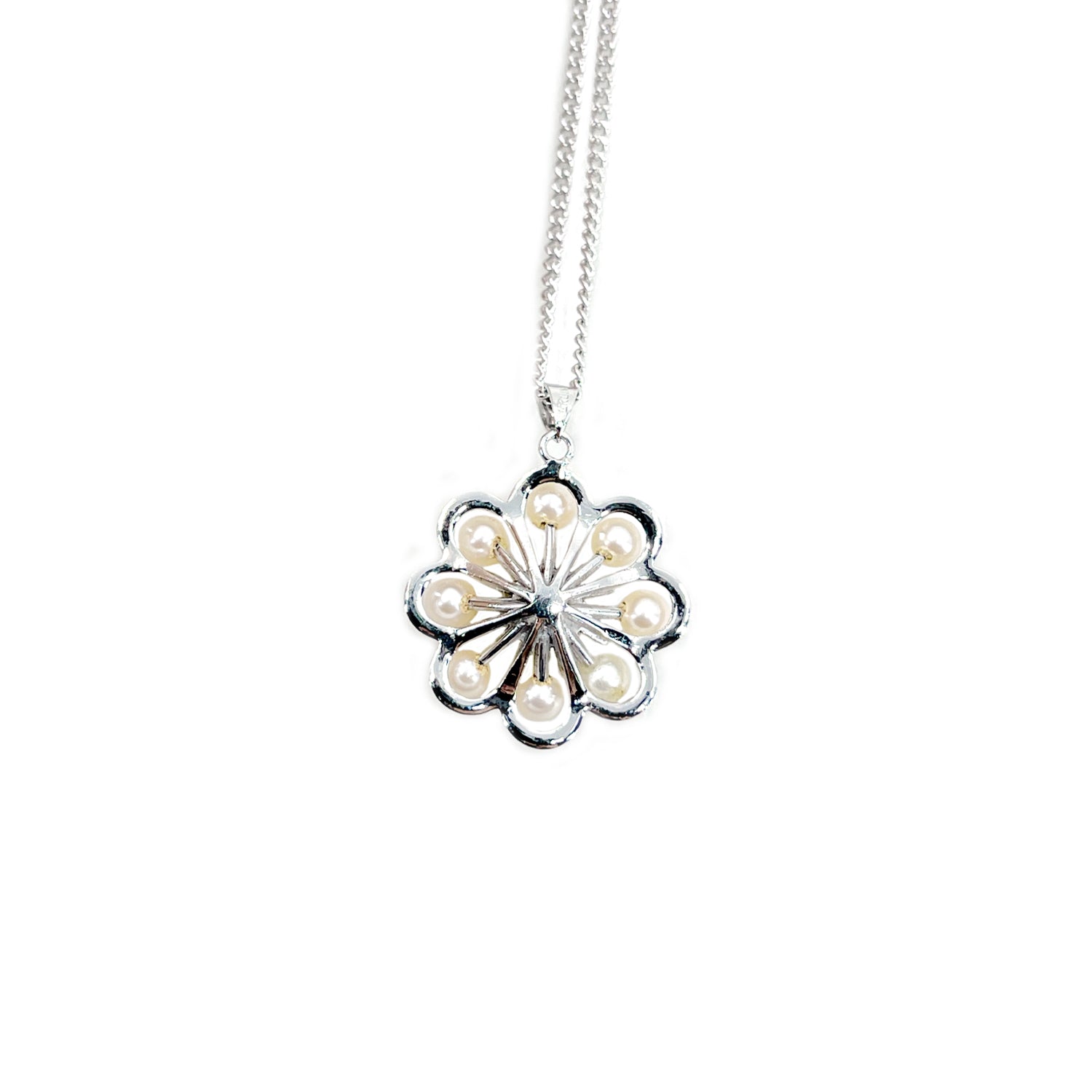 Sakura Cherry Blossom Vintage Japanese Cultured Akoya Pearl Pendant Necklace- Sterling Silver 17.50 Inch
