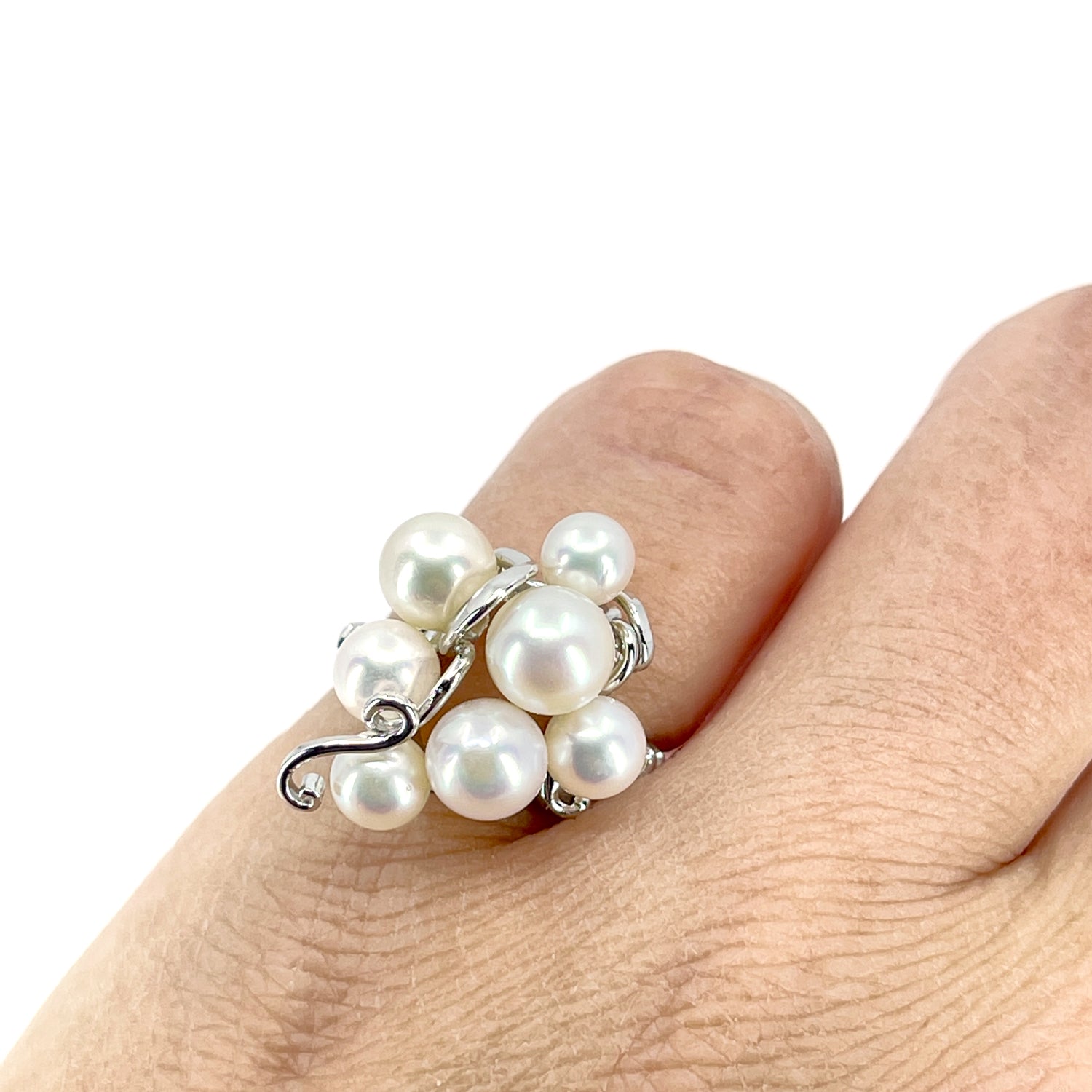 Cluster Mid Century Japanese Saltwater Akoya Cultured Pearl Ring- Sterling Silver Sz 5 1/2