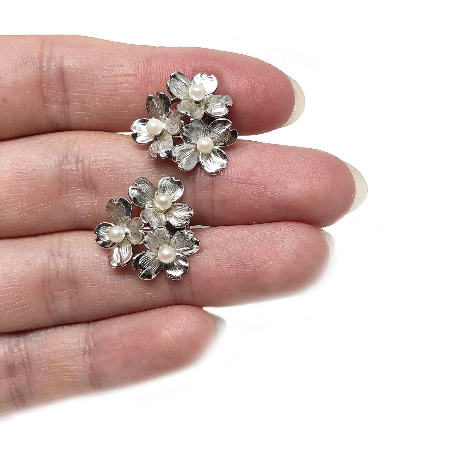 Dogwood Botanical Akoya Saltwater Cultured Pearl Screwback Earrings- Sterling Silver