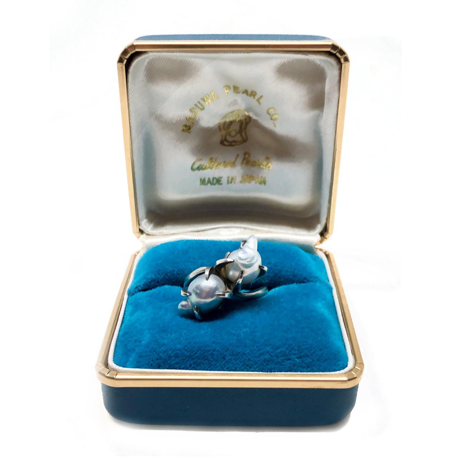 Box Maruwa Gothic Japanese Saltwater Blue Akoya Cultured Pearl Ring- Sterling Silver Sz 6