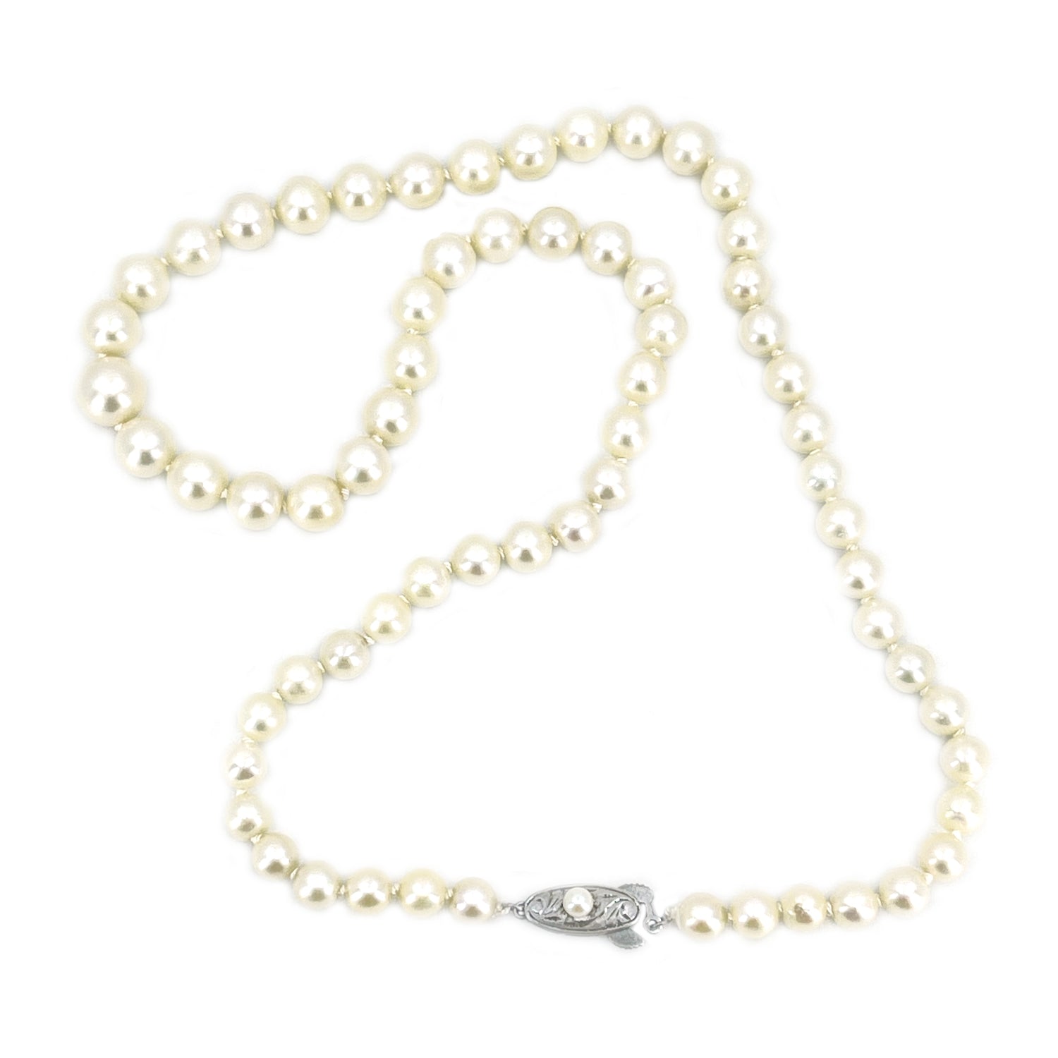 Art Deco Japanese Saltwater Cultured Akoya Pearl Graduated Vintage Necklace - Sterling Silver 19.50 Inch