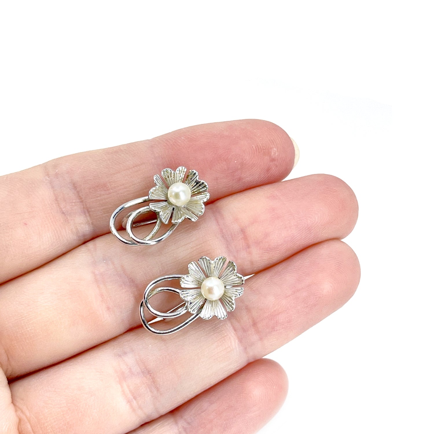Flower A&Z Designer Akoya Saltwater Cultured Pearl Screwback Earrings- Sterling Silver