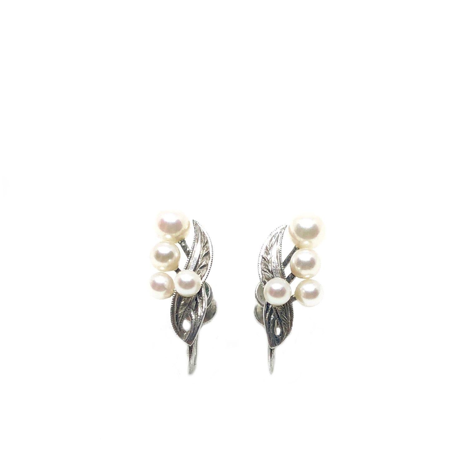 Floral Fuji Pearl Designer Akoya Saltwater Cultured Pearl Screwback Earrings- Sterling Silver