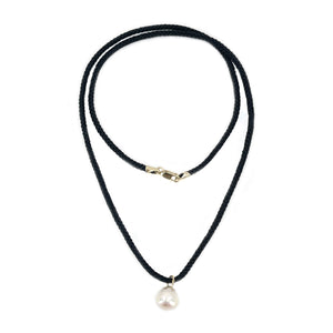 Kumihimo Braided Black Silk Vintage Akoya Saltwater Cultured Pearl Necklace-14K Yellow Gold