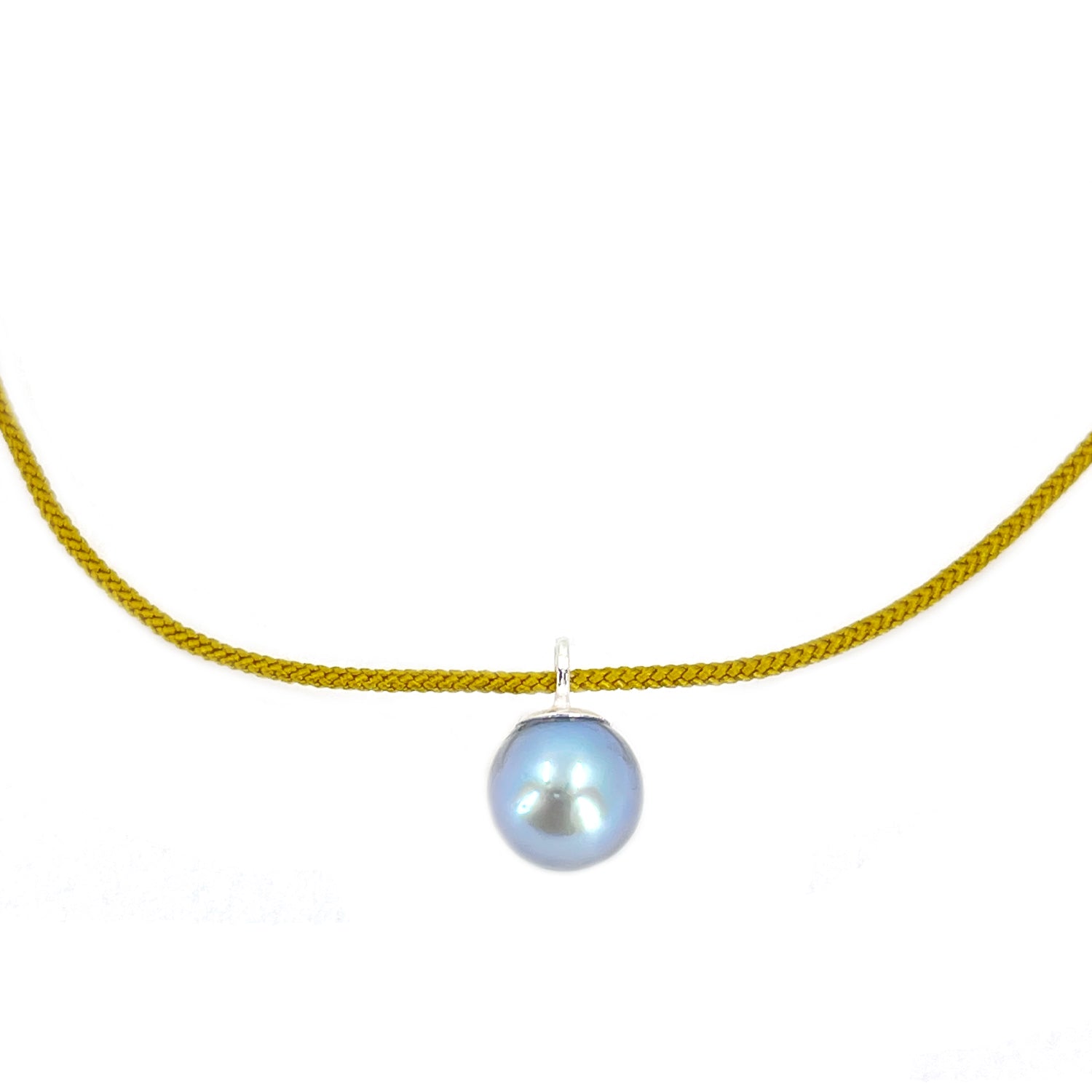Kumihimo Braided Yellow Ocher Silk Vintage Akoya Saltwater Cultured Pearl Adjustable Necklace- Sterling Silver