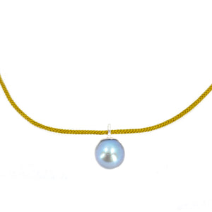 Kumihimo Braided Yellow Ocher Silk Vintage Akoya Saltwater Cultured Pearl Adjustable Necklace- Sterling Silver