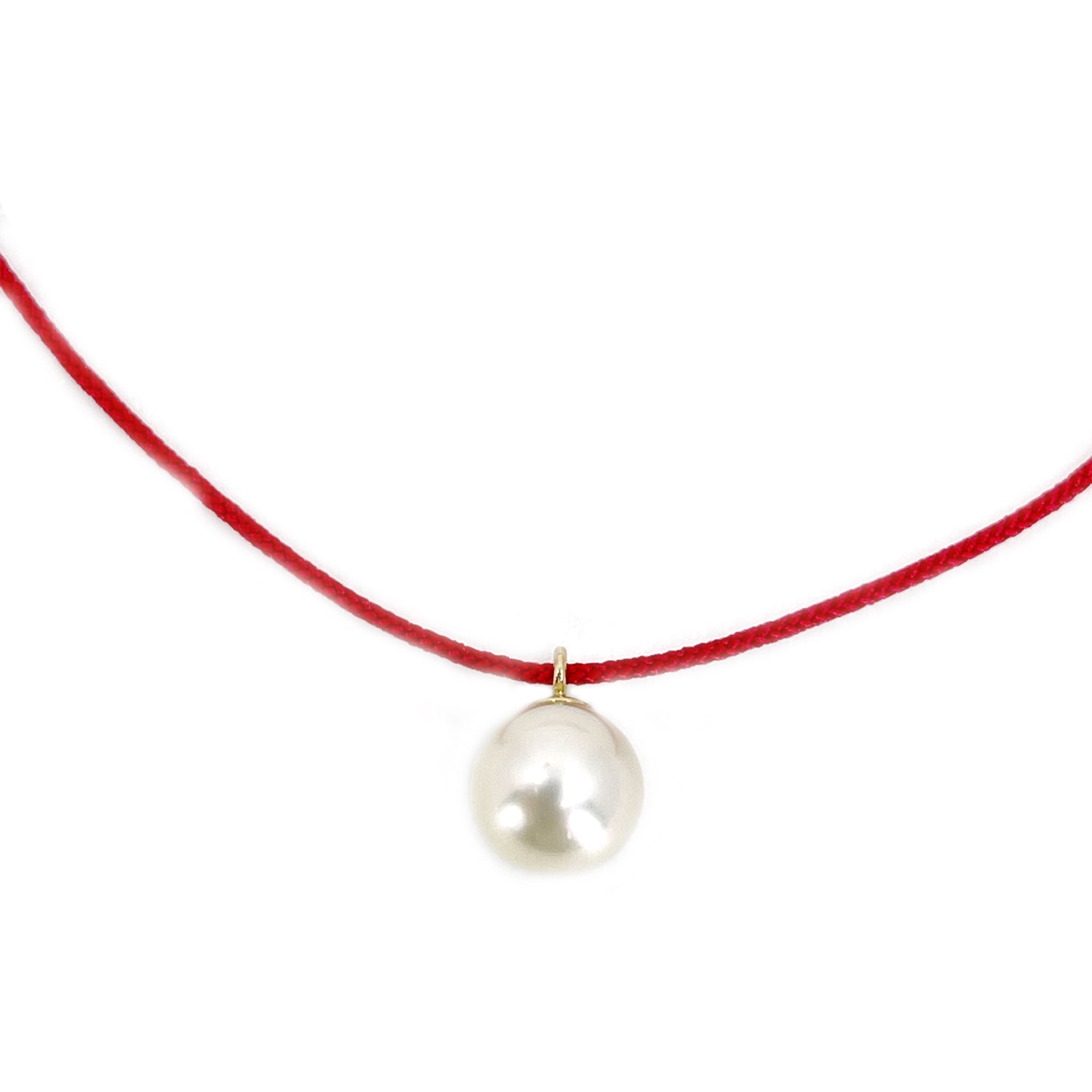 Kumihimo Braided Red Vermillion Silk Vintage Akoya Saltwater Cultured Pearl Adjustable Necklace-14K Yellow Gold