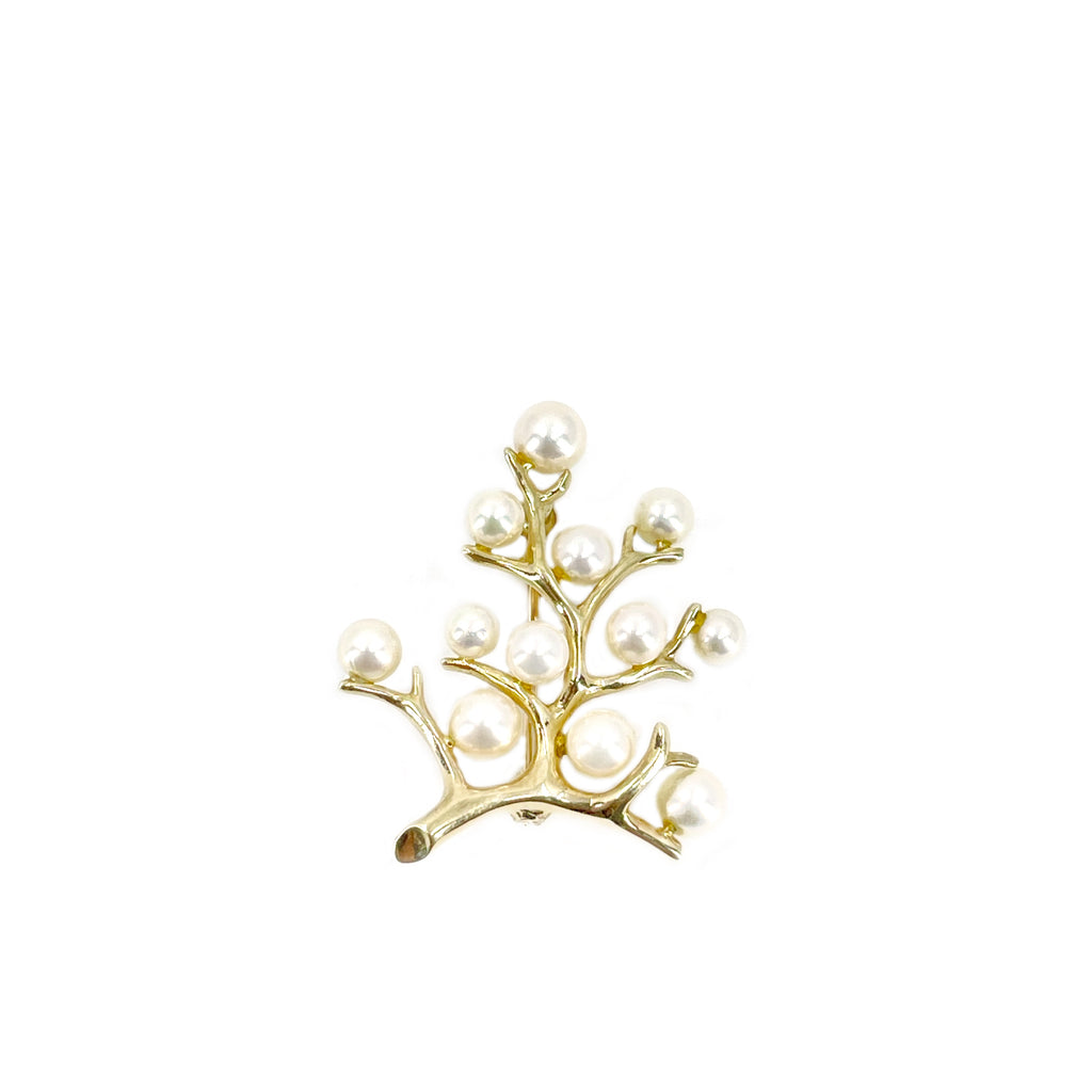 Mikimoto Tree of Life Pearl Brooch Pin 14K White Gold