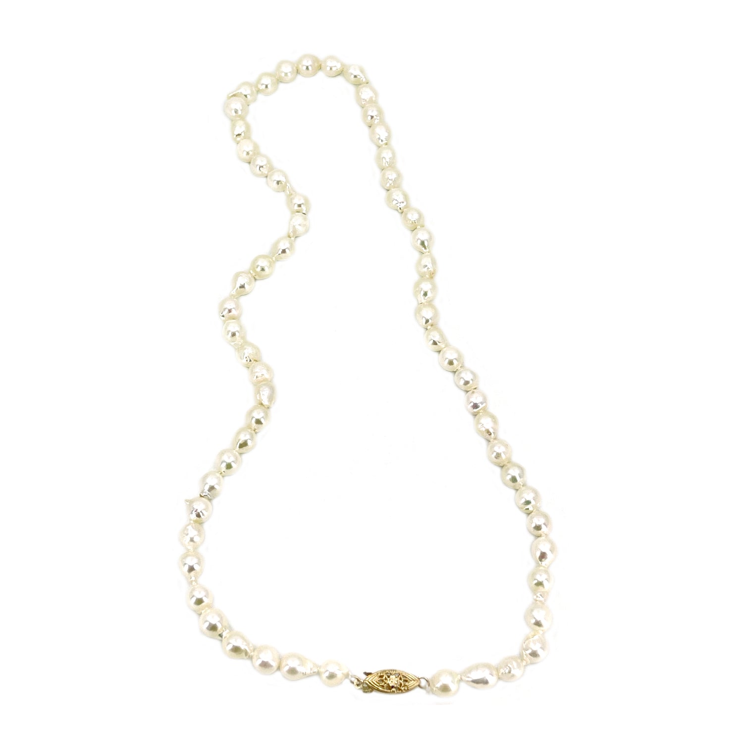 Modernist Baroque Japanese Cultured Akoya Pearl Vintage Necklace - 14K Yellow Gold 19.50 Inch