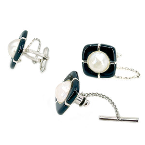 Inlaid Mid Century Modern Mabe Blister Pearl Onyx Cufflinks & Tie Tac Set- Sterling Silver