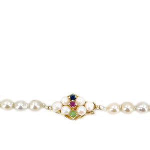 Ruby, Emerald & Sapphire Graduated Japanese Saltwater Cultured Akoya Pearl Strand - 14K Yellow Gold 29 Inch