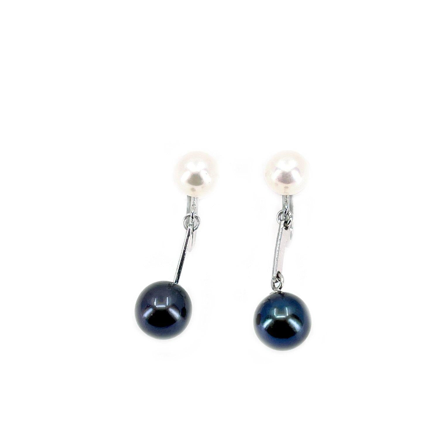 Two Tone Drop Akoya Saltwater Cultured Pearl Black & White Screwback Earrings- Sterling Silver