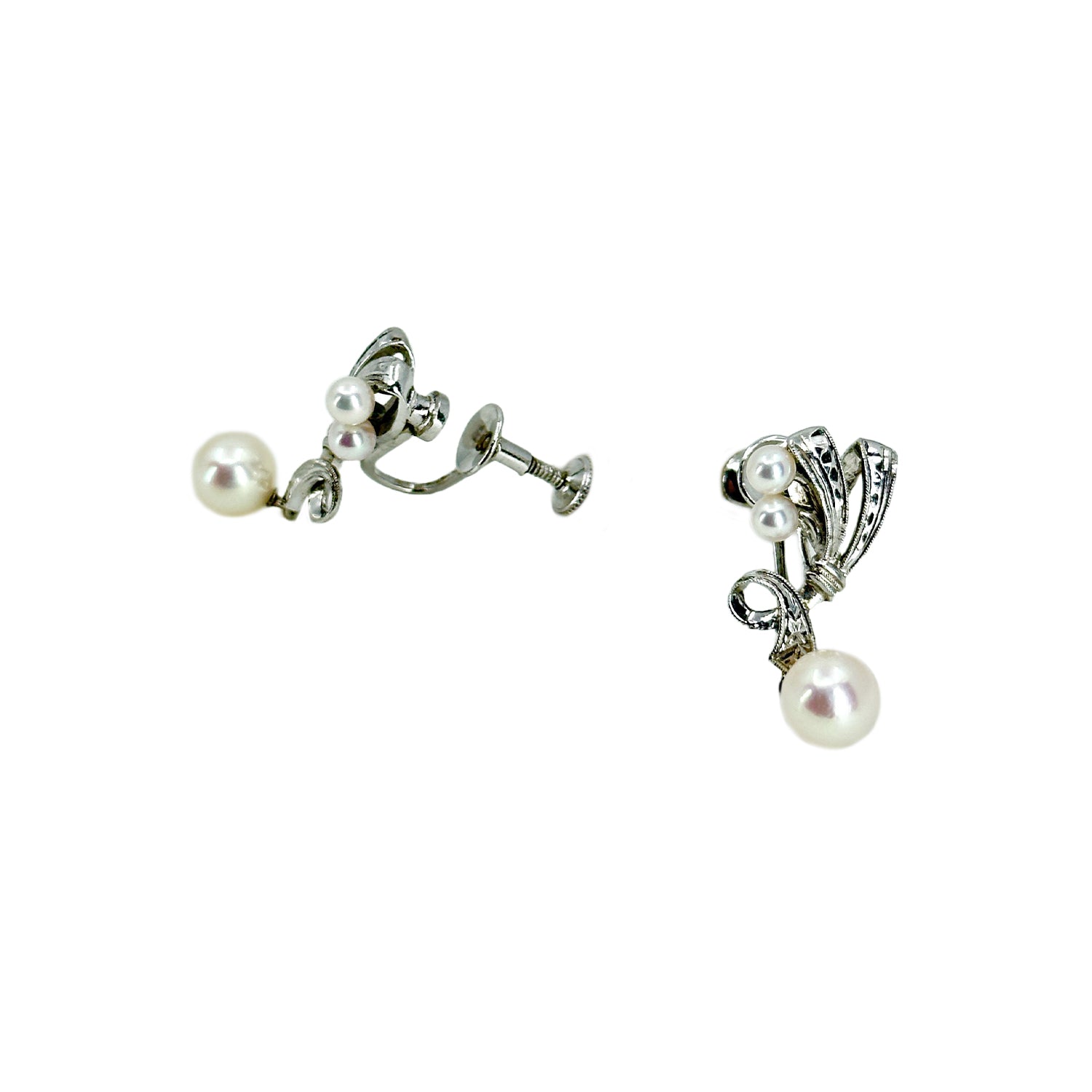 Mikimoto Deco Style Akoya Saltwater Cultured Pearl Vintage Screwback Earrings- Sterling Silver