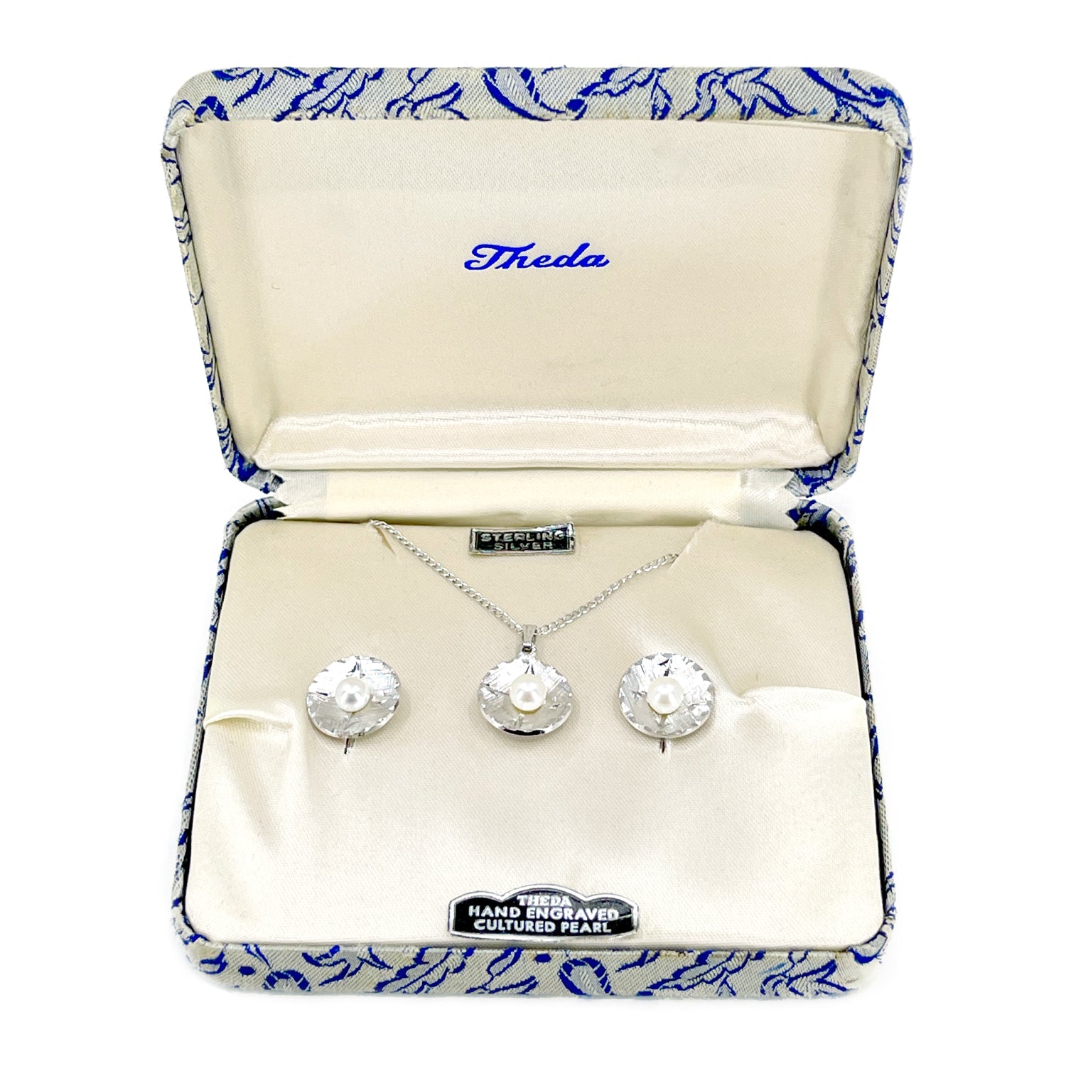 Theda Engraved Vintage Japanese Saltwater Akoya Pearl Pendant & Screwback Earrings Set- Sterling Silver