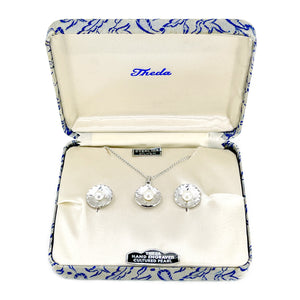 Theda Engraved Vintage Japanese Saltwater Akoya Pearl Pendant & Screwback Earrings Set- Sterling Silver