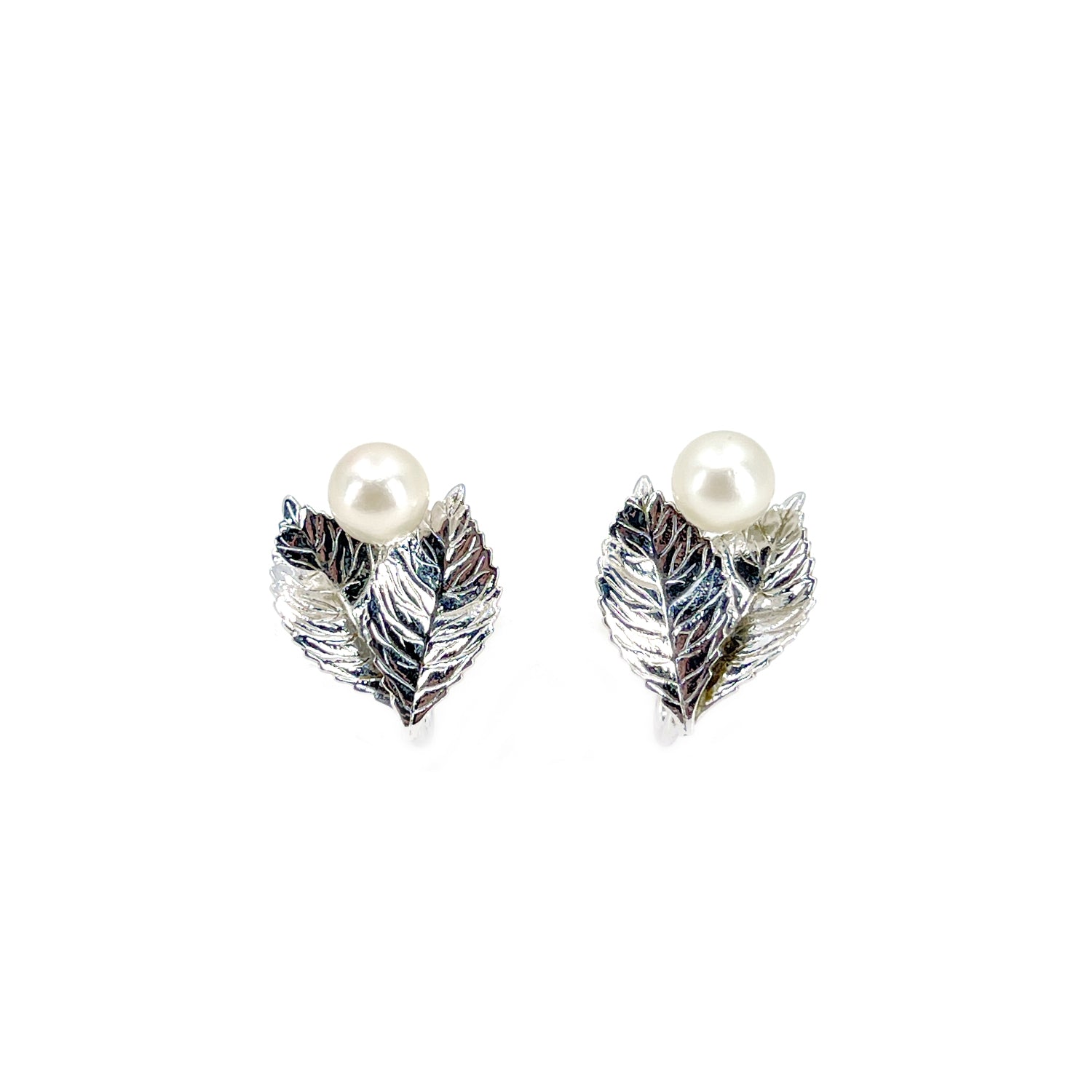 Van Dell Designer Akoya Saltwater Cultured Pearl Vintage Leaf Screwback Earrings- Sterling Silver