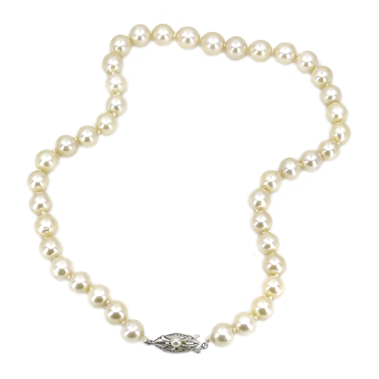 Large 8MM Deco Vintage Japanese Saltwater Cultured Akoya Pearl Necklace Strand - Sterling Silver 15 Inch