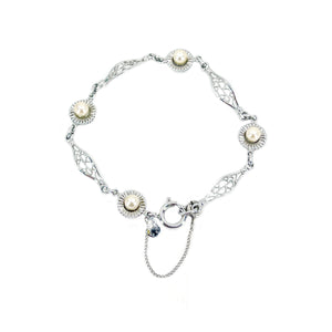 Amco Boho Daisy Filigree Japanese Saltwater Akoya Cultured Pearl Vintage Bracelet- Sterling Silver White Gold Filled