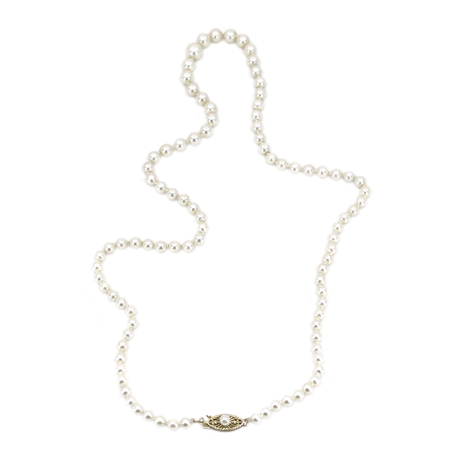 Filigree Mid-Century Japanese Saltwater Cultured Akoya Pearl Vintage Graduated Strand - 14K Yellow Gold 20.75 Inch