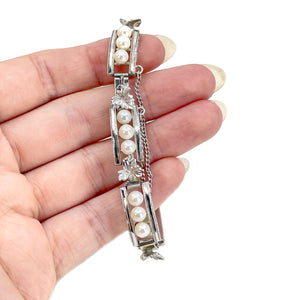 Grape Leaf Mid-Century Japanese Saltwater Akoya Cultured Pearl Link Bracelet- Sterling Silver