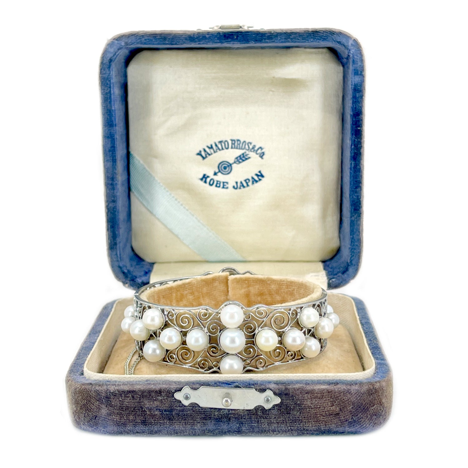 Victorian Yamato Designer Japanese Saltwater White Akoya Cultured Pearl Filigree Bracelet- Sterling Silver