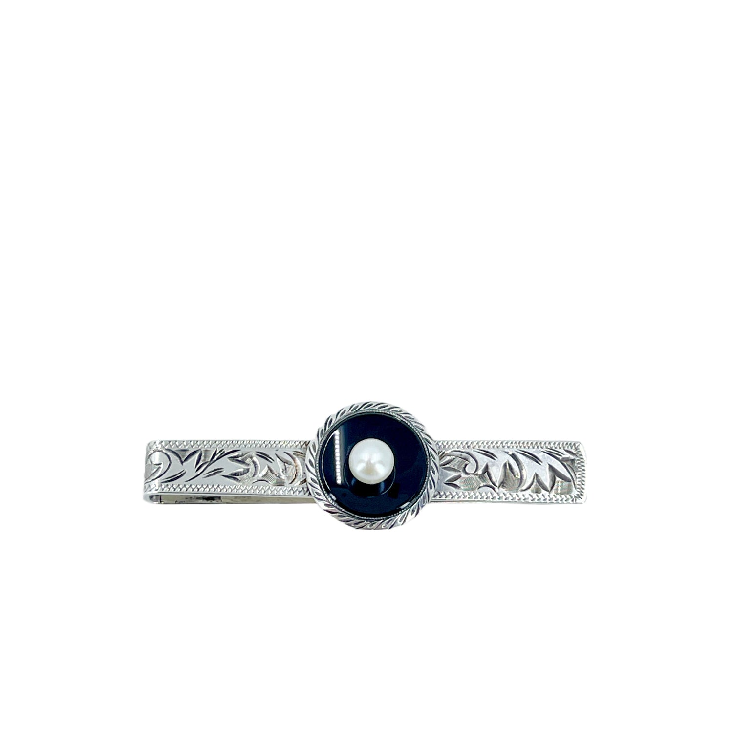 Engraved Black Onyx Deco Men's Japanese Saltwater Akoya Cultured Pearl Tie Bar- Sterling Silver