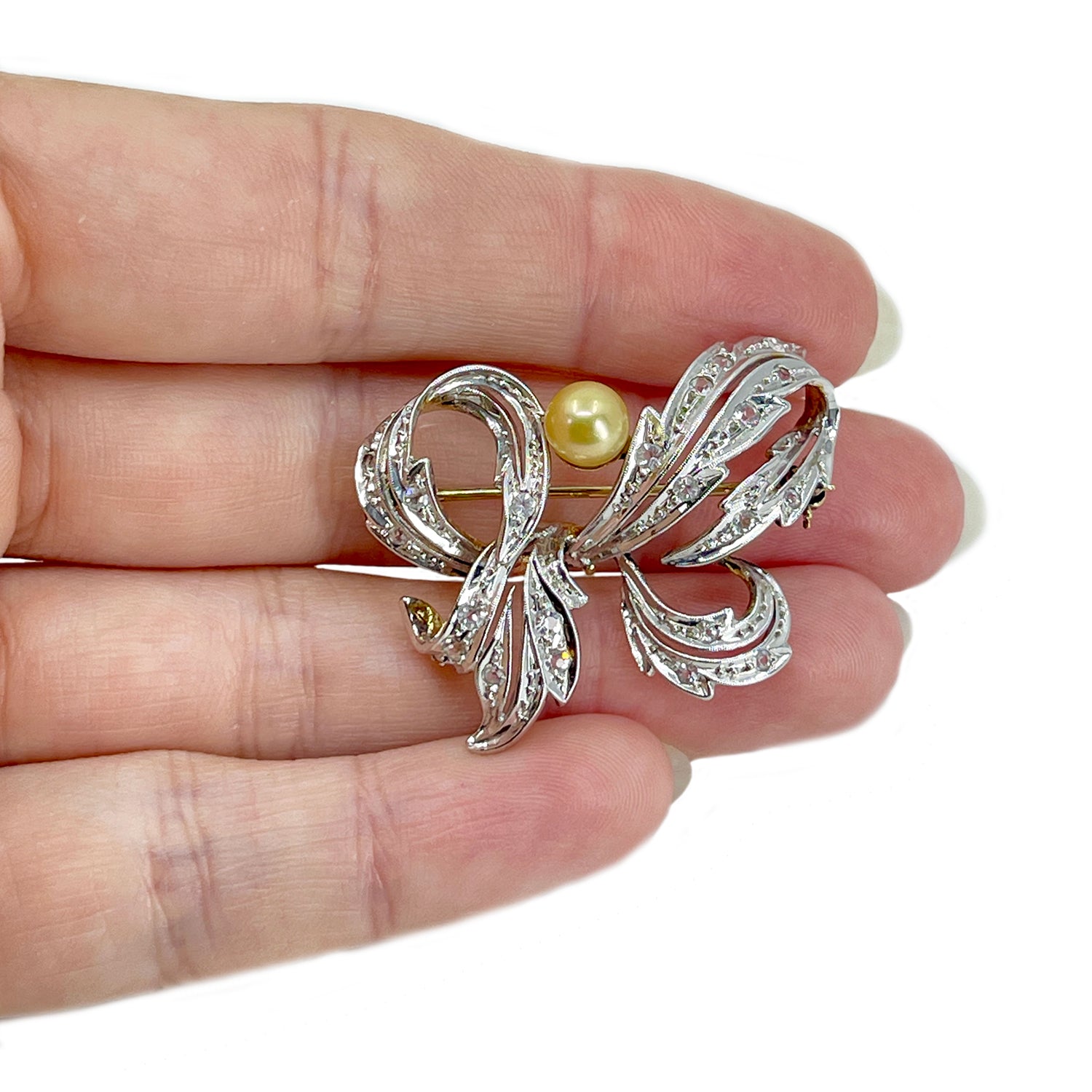 Victorian Two Tone Vintage Golden Japanese Cultured Saltwater Akoya Pearl Brooch- Sterling Silver Gold Plate