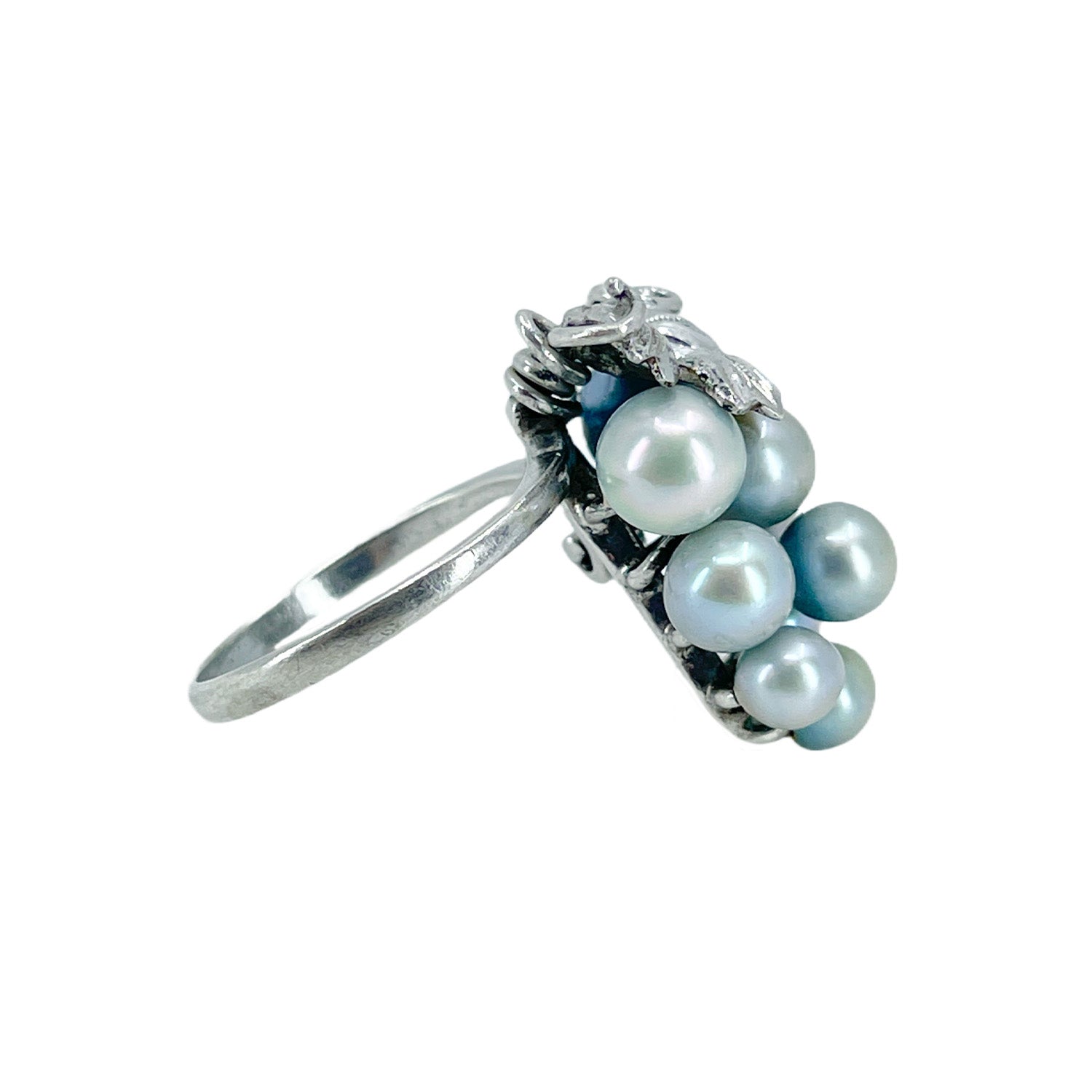 Engraved Grape Cluster Blue Japanese Saltwater Akoya Cultured Pearl Vintage Ring- Sterling Silver 6.50