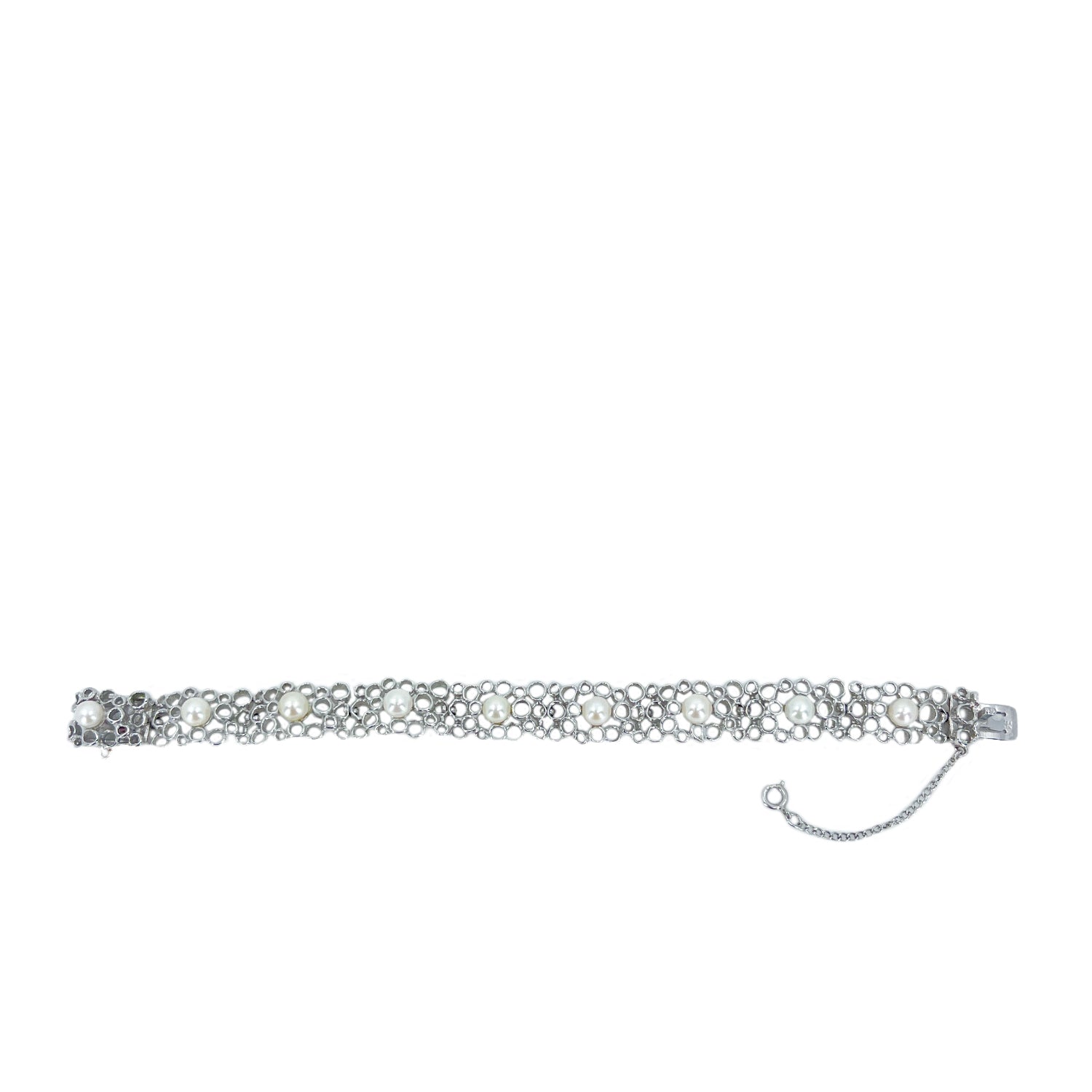 Modernist Mid Century Circle Japanese Saltwater Akoya Cultured Pearl Bracelet- Sterling Silver