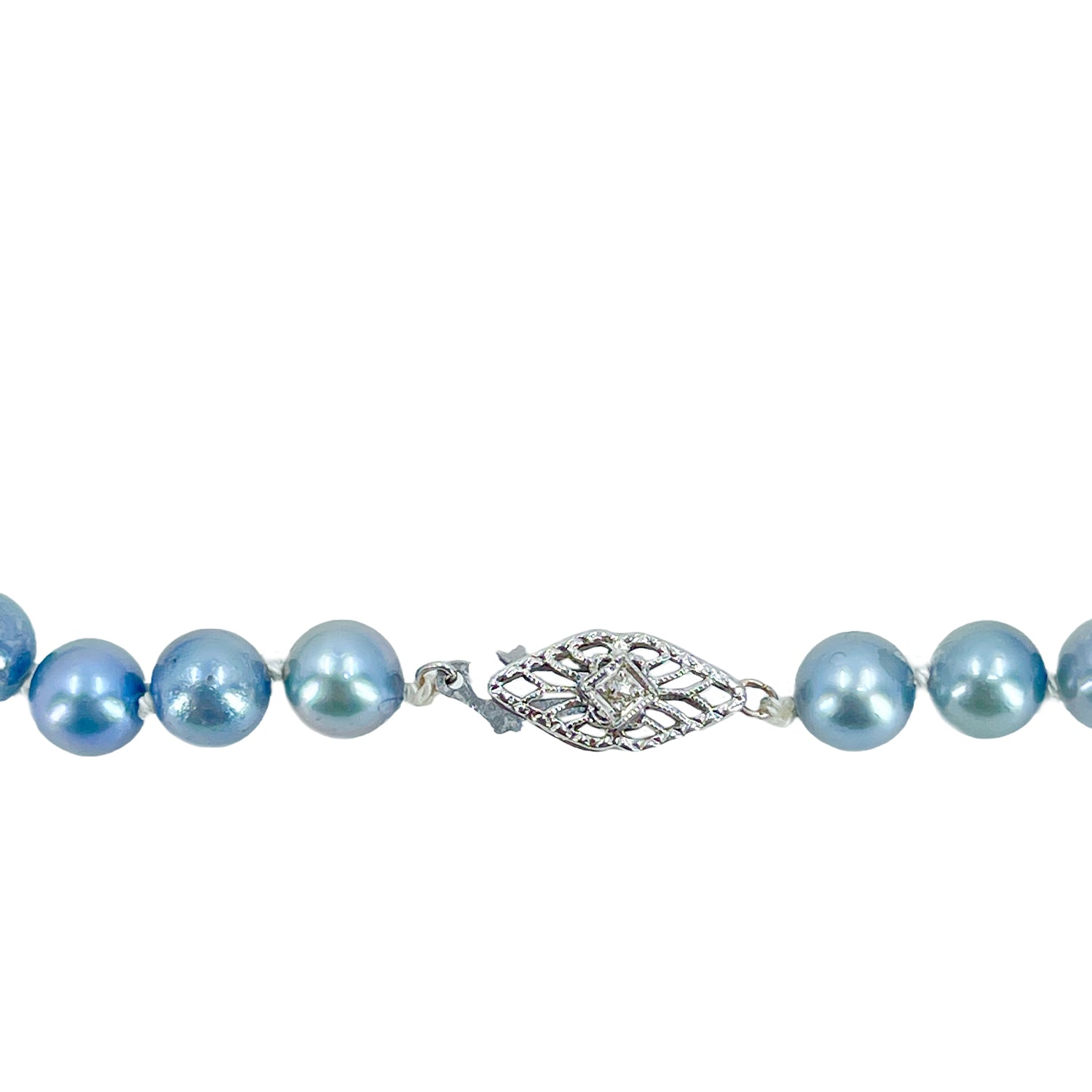 Diamond Filigree Vintage Blue Japanese Saltwater Cultured Akoya Pearl Necklace - White Gold 17.50 Inch