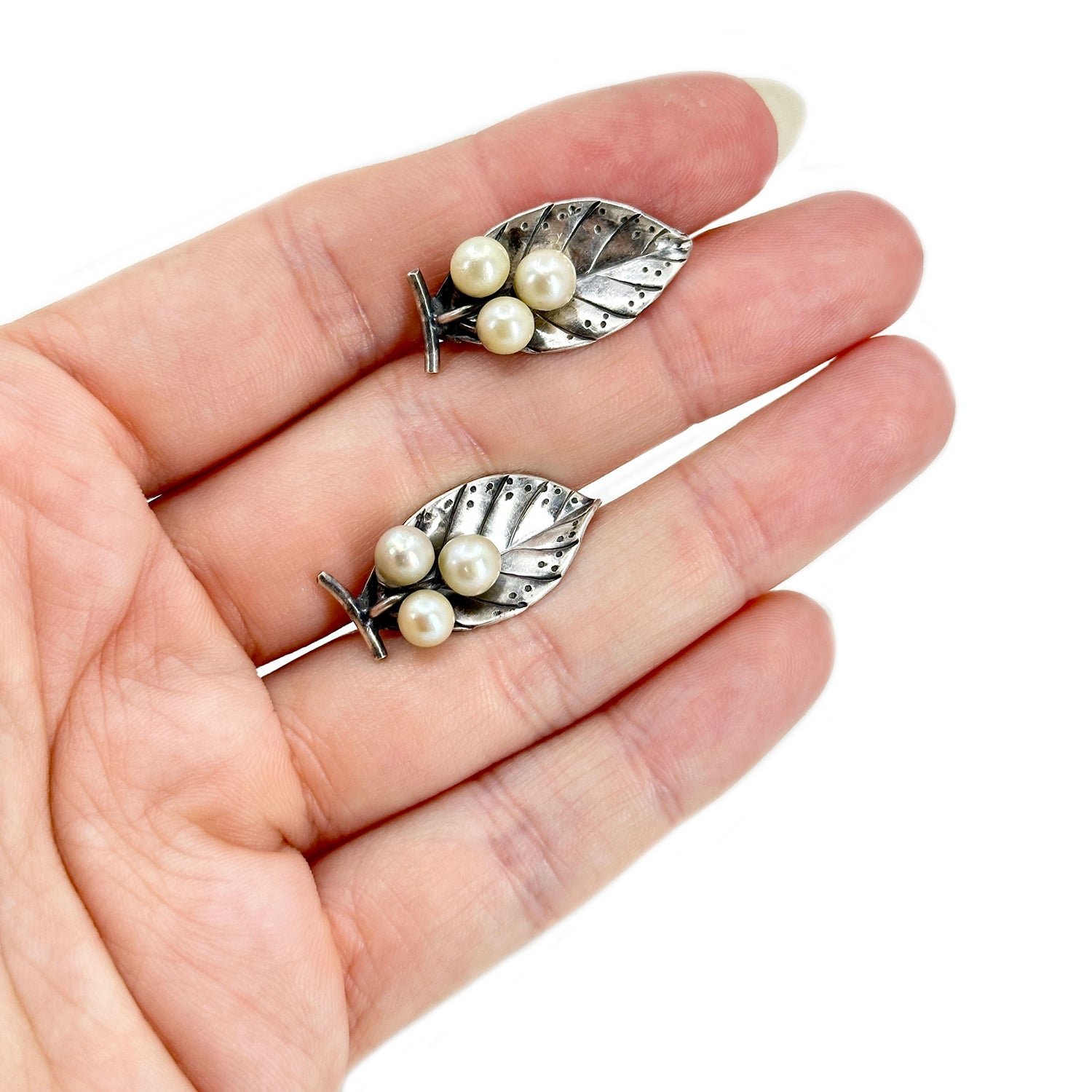 Mings Of Honolulu Leaf Triple Akoya Saltwater Cultured Pearl Vintage Screwback Earrings- Sterling Silver