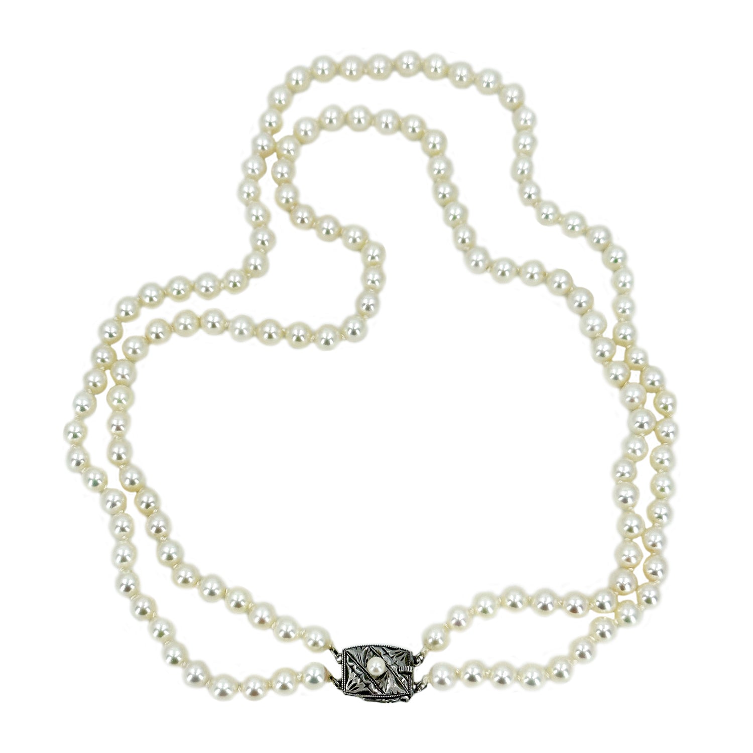 Art Deco Engraved Double Strand Japanese Cultured Akoya Pearl Choker Necklace -Sterling Silver 15.75 & 16.75 Inch