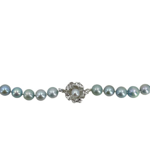 Quality Blue Vintage Mid Century Japanese Saltwater Cultured Akoya Pearl Necklace - Silver 17.75 Inch
