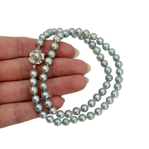 Quality Blue Vintage Mid Century Japanese Saltwater Cultured Akoya Pearl Necklace - Silver 17.75 Inch