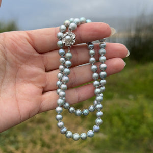 Quality Blue Vintage Mid Century Japanese Saltwater Cultured Akoya Pearl Necklace - Silver 17.75 Inch