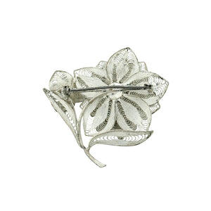 Filigree Spun Silver Japanese Saltwater Akoya Cultured Pearl Vintage Flower Brooch- Sterling Silver