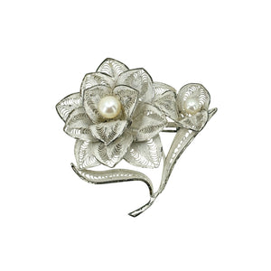 Filigree Spun Silver Japanese Saltwater Akoya Cultured Pearl Vintage Flower Brooch- Sterling Silver