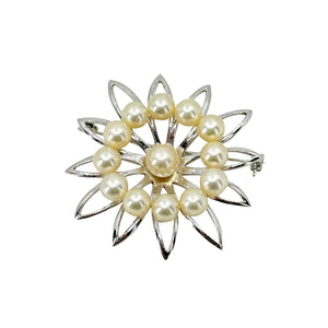 Mid Century Sun Circle Japanese Saltwater Akoya Cultured Pearl Vintage Brooch Pin- Sterling Silver