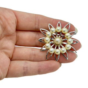Mid Century Sun Circle Japanese Saltwater Akoya Cultured Pearl Vintage Brooch Pin- Sterling Silver