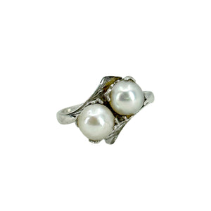 Engraved Bypass Japanese Saltwater Cultured Akoya Vintage Pearl Ring- Sterling Silver Sz 4.50